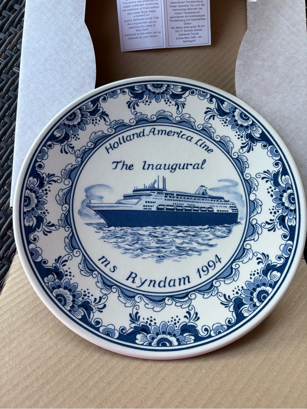 ms Ryndam 1994 Commemorative Blue & White Decorative Plate